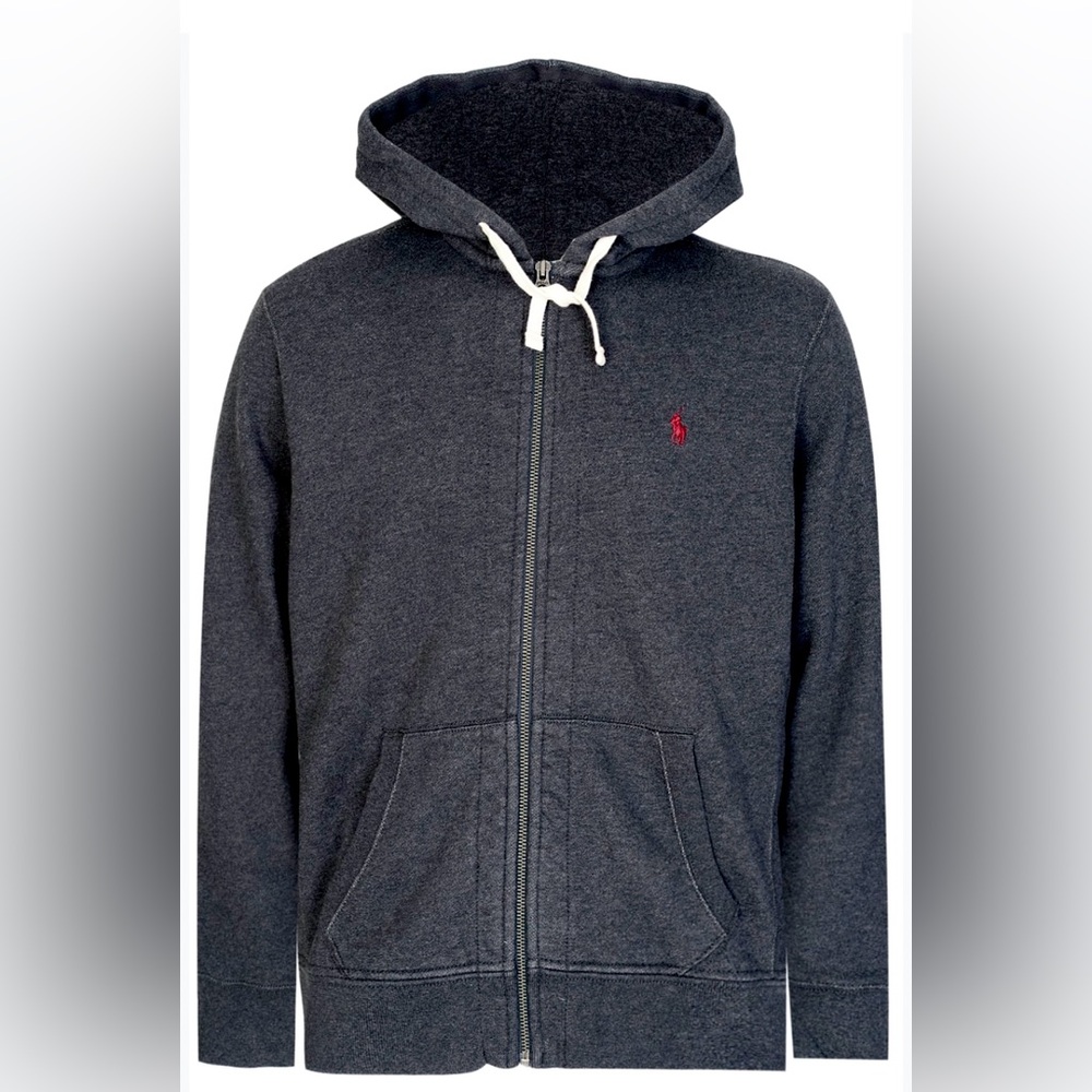 Ralph Lauren Charcoal Grey Fleece Zip-Up Hoodie with Red Logo
